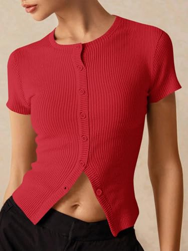 Image of Imily Bela Womens Short Sleeve Sweater Tops Summer Button Down Casual Ribbed Knit Slim Fit Cropped Cardigan Shirts