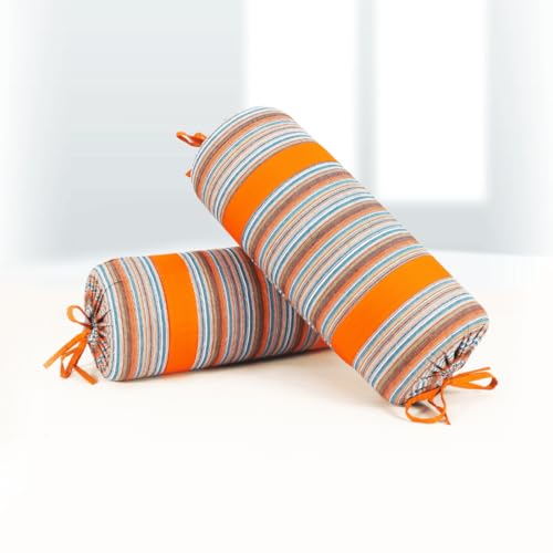 Image of AURAVE Woven Cotton 144 TC Printed Bolster Cover with Drawstring Closure, Set of 2, Soft Breathable Durable Machine Washable for Sofa Bed & Home Decor, 15 inchx30 inch, Orange | Cover Only
