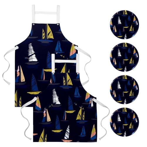 Lot de 2 tabliers de cuisine motif voilier bleu marine pour bistrot