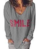 Minetom Damen Langarmshirts Bequem Lose Bluse Hemd T-Shirt V-Ausschnitt Langarm Oversize Basic Shirt Stickerei Oberteil Tops Große Größe Grau 48