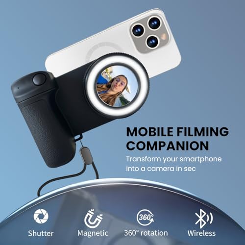 Image of Magnetic Selfie Light with Camera Grip Handle Rechargeable, Bluetooth Remote, Phone Holder, Compatible iPhone 17 /16 /15 /14 /13 /12 & Android