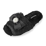 PRETTY YOU Faux Fur Bow Slippers with Rhinestones - Black Open Toe House Slides Large