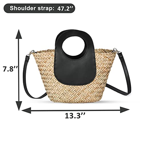 Straw Bag, Beach Bag for Women, Hand-Woven Soft Handbag, Mini Beach Crossbody Design Leather Handle, Woven Bag for Vacation Travel Daily (Black2