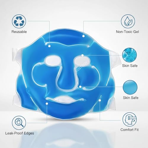 Image of Kostech Cooling Gel Face Mask & Eye Mask Set - Reusable Hot & Cold Ice Pack for Puffy Eyes, Dark Circles, Migraine & Headache Relief - Skin Tightening, Sinus Pressure Therapy, Spa Beauty Facial Mask for Women & Men