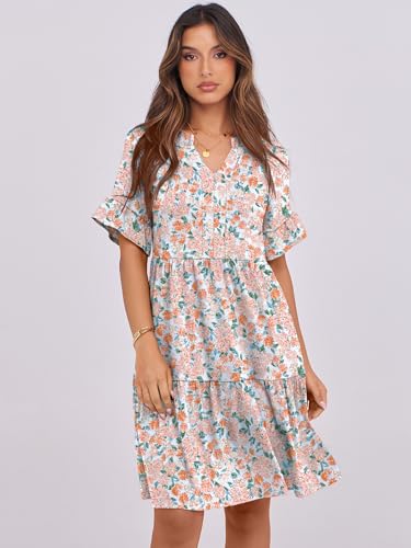 Image of ANRABESS Women's Summer Casual Dress, V-Neck Ruffle Sleeve Tiered Mini Dress, Soft Comfy Fabric with Pockets for All-Day Wear