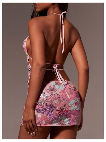 MakeMeChic Women's Floral Sequin Skirt Sparkly Low Waist Bodycon Party Short Skirts3