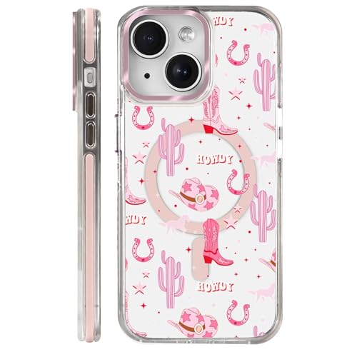 OURZPO for iPhone 13/14 Case,Compatible with MagSafe,Transparent Hard PC Backplane Scratch-Resistant Protection - Pink Cowboy Boots Cowboy Hat Horse Cactus