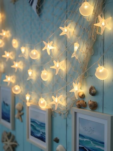 KEPABIGLE 30 LED Mermaid Fairy Lights with Starfish & Seashells Battery Operated Waterproof Decorative String Lights for Bedroom Party Wedding Garden Mermaid Theme Decor (Warm White)