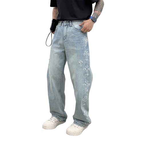 Baggy Jeans Men Washed Cross Rhinestone Wide Leg Denim Pants Y2k Casual Streetwear for Skater Jeans