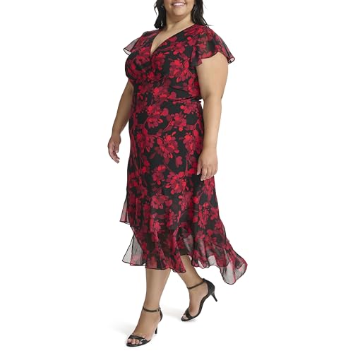Image of Tommy Hilfiger Women's Flutter Sleeve V-Neck Ruffle Trim Hi-Lo Midi Dress