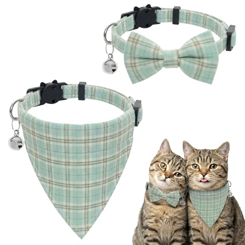 Ngdhkd 2Pcs Cat Plaid Collar and Bandana Pet Collar Breakaway with Bow Tie and Bell and Bandana Kitten Collars Removable Bowtie Plaid Cat Collars for Cats Kittens Puppy (Light Green)