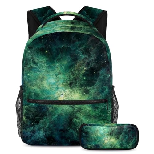 Sac à dos daypack galaxie verte 2 pièces avec trousse assortie pour la rentrée scolaire