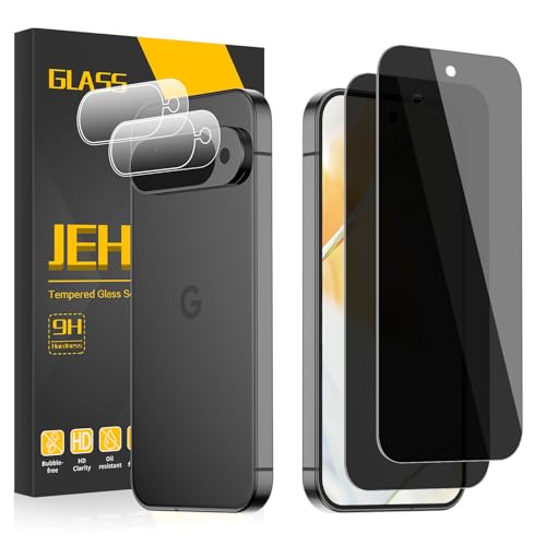 JEHOO [2+2 Pack 2 Packs for Google Pixel 9 Privacy Tempered Glass Screen Protector with 2 Pack Camera Lens Protector Support Fingerprint Unclock 9H Hardness