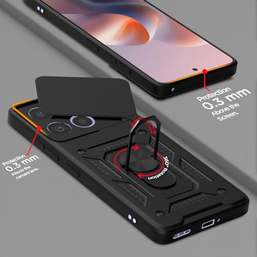 Image of Pikkme Back Cover for Motorola Moto G86 Power 5G | 360 Protection Case | Sliding Camera Shield Cover & Ring Holder Stand D10 Tough Armor Bumper Case (Black)