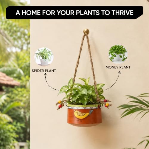 Image of AAKRITI ART CREATIONS Terracotta Hanging Planters | Handpainted, Floral Art, Sparrow Motif, Red Matte Finish | Outdoor & Indoor Home Decor Items | Room Decor Artifacts, Flower Pots for Living Room
