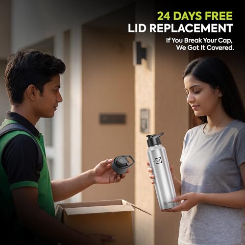 Image of Water Bottle 1 ltr Go24 Stainless Steel Sports /Fridge Bottle with Sipper Cap | 1-Year Warranty | Single Wall | For Home, Office, Gym, Travelling | Lightweight | Craft Pro 950ml | Silver