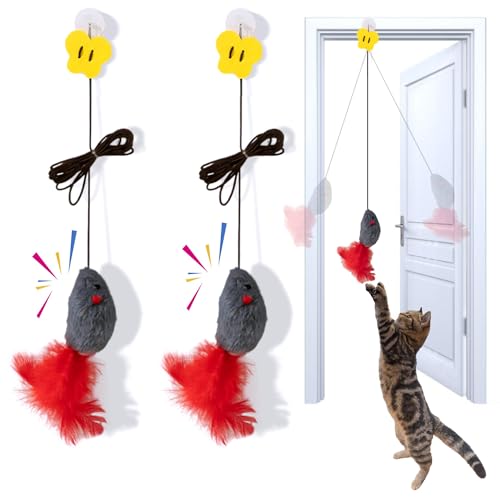 Image of Cat Toy, 2 Pack Cat Mouse Toy with Squeaky Sound Door Hanging Interactive Cat Toy, Realistic Size Mice with Randomly Colored Feather Tail Hanging Retractable Kitten Toy for Bored Indoor Adult Cat Play