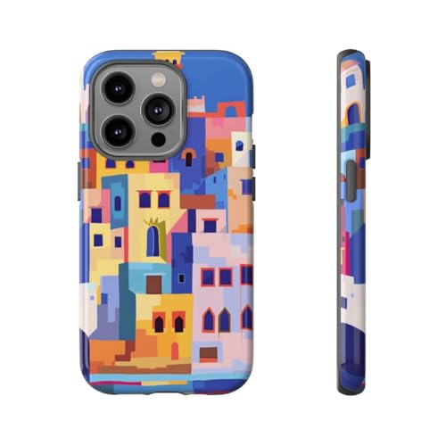 Coque iPhone 14 Pro ville côtière bleue pour vos vacances d'été