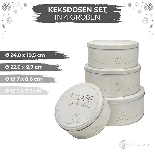 INSPINOVIA Keksdosen 4er Set | Ideal für Weihnachtsplätzchen & andere Leckereien | 4 Größen im Set | Gebäck & Aufbewahrungsdosen in bezaubernden Designs für viele Anlässe (Mit Liebe gebacken)