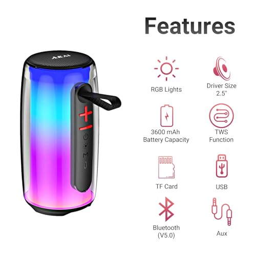 Image of AKAI BD-24 24W RMS Bluetooth Speaker with RGB Lights | Portable Wireless Speaker with TWS, USB, Aux, TF Card, 3600 mAh Battery, 2.5 Inch Driver, Type-C Charging, Up to 5 Hours Playtime (L21.5xW10xH10)
