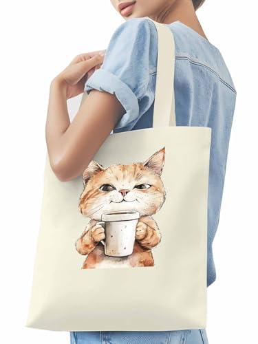 Canvas Tote Bags,Grocery Shopping Cloth Bag Funny Cat Coffee Reusable Shoulder Bags Tote Bag for Travel Work Gym3