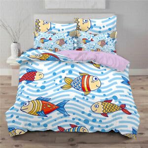 Housse de Couette 220x240 Poisson Bleu avec 2 Taies d'Oreiller en Microfibre pour Lit Adulte