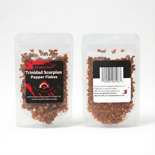 Extreme Heat | Trinidad Scorpion Pepper Flakes | Net Weight 10g | Dried Scorpion Peppers | Trinidad-grown Scorpion Peppers | A Proud Product of Trinidad and Tobago | Chili Flakes