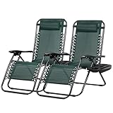 Nazhura Set of 2 Relaxing Recliners Patio Chairs Adjustable Steel Mesh Zero Gravity Lounge Chair Beach Chairs with Pillow and Cup Holder (Dark Green)