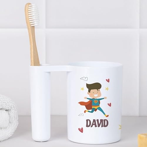 Wanapix | Vaso Porta Cepillo de Dientes Personalizado | Soporte para cepillos de Dientes para niños | Personaliza con Nombre | Super niño