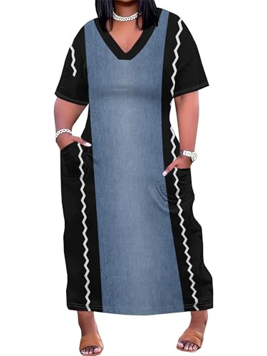 Image of SUZONANA Plus Size Denim Print Maxi Dresses for Women Casual V Neck Short Sleeve with Pockets Soft Jean Look Dress XL-6XL