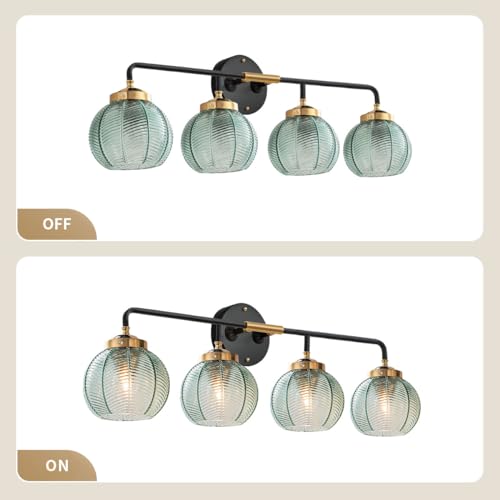 Image of 2-Pack Thick Glass 4-Light Bathroom Vanity Light Fixture Green Glass | 15cm Globe Shade Mid Century Modern Light fixture Black Gold Metal Finish Large Sconce Over Mirror Bath Living Room Cabinet