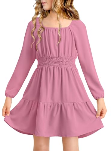 Girls Fall Square Neck Smocked Waist Puff Long Sleeve Side Pockets Trendy Midi Dress 6-14 Years