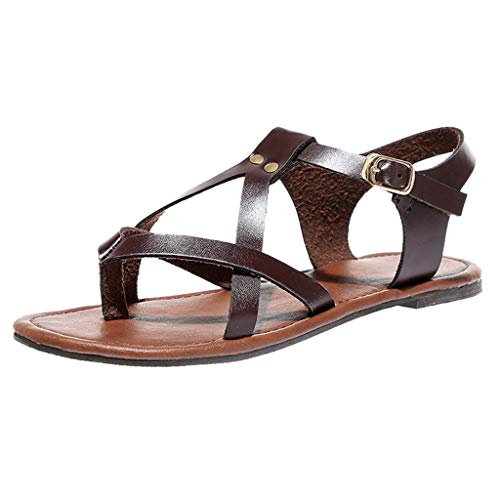 ZOELOVE Sandalias Sandalias de Mujer Bohemia Zapatos de Verano Correa de Tobillo Plataforma Sandalias Romanas de para Mujeres al Aire Libre con Hebilla y Parte Inferior Plana/café,38
