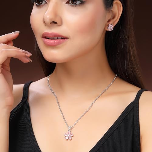 Image of ZENEME Rhodium Plated Silver Toned American Diamond Studded Floral Shaped Pendant Chain With Earrings Jewellery Set For Women And Girls