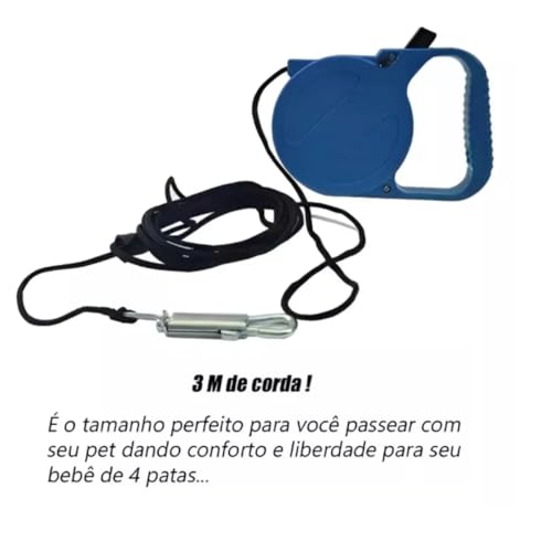 Guia Retrátil para Cães de Raça Pequena, 3M, Até 15 Kg, Material em Vinil e Nylon, Azul