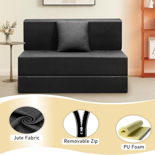 Image of Foldable 1-Seater, 3X6 Sofa Bed | Convertible Sofa Cum Bed with Cushion Jute Fabric Perfect for Living Rooms & Guest Rooms - Black