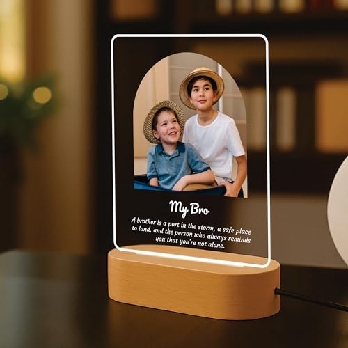 Image of Giftplease Personalized LED Photo Lamp for Brother, Custom Arch Acrylic Night Light with Wooden Base, The Brother Code Engraved Table Lamp, Unique Birthday, Rakhi, and Graduation Gift for Brother