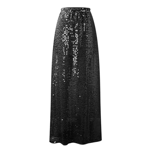 Generic Women's Sequin Maxi Skirts Vintage Elastic High Waist A-Line Skirts Elegant Maxi Cocktail Party Long Skirts4