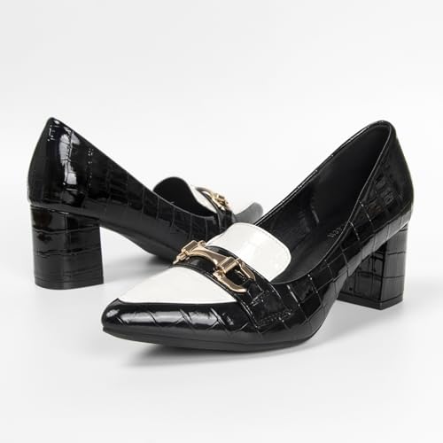 Two Tone Dressy Slip On Loafer Heels for Women Pointed Closed Toe Low Chunky Block Heeled Loafers Pumps Women's Comfort Work Business Black Formal Shoes with Metal Chains3