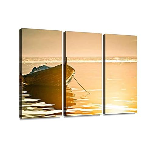 3 Panel Wall Art Modern Artworks for Home Decor Canvas Prints Wood Boat in Lake Como at Sunset Fishing Boats Stock Pictures Pictures for Living Room Bedroom Decoration, Ready to Hang