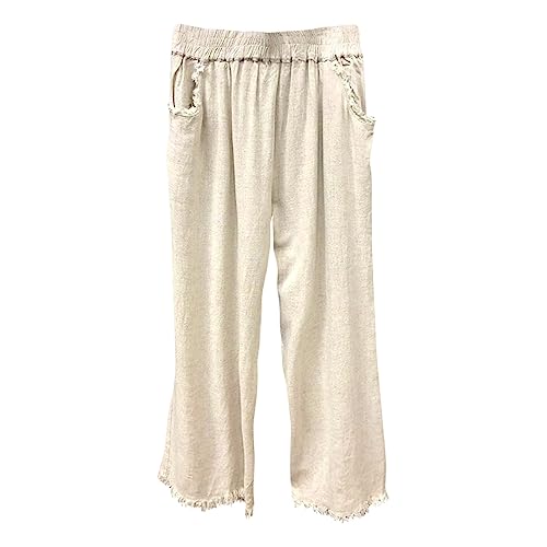 Women Summer Vintage Solid Color Pants Casual Wide Leg Elastic Waist Trousers Cloth Style Loose Fitting Soft (Beige, XL)