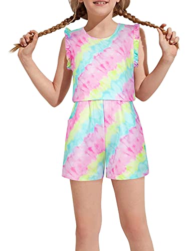 Girls Romper Rainbow Jumpsuits Shorts Size 10-12 With Pockets Ruffle Sleeve Rompers One Piece Summer Outfits For Girls #TOP2
