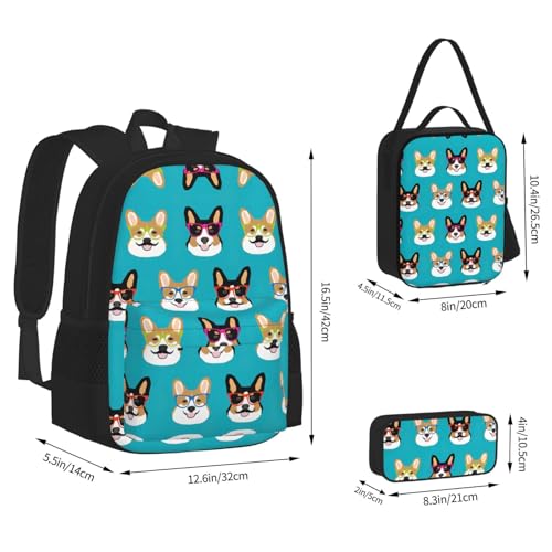Cute Corgi Glasses And Mustaches Print 3 Piece Set Backpack, Lunch Bag, Pencil Case, Cute Sturdy For College And Travel4