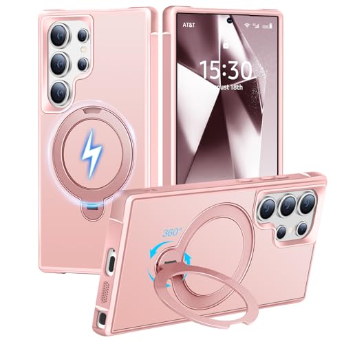 HuwaiH 360° Rotatable Magnetic Stand Case for Samsung S24 Ultra, Pink