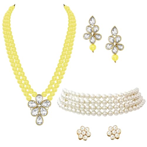 Image of Peora Crystal Faux Pearl Kundan Necklace & Jewellery Set Gift for Women