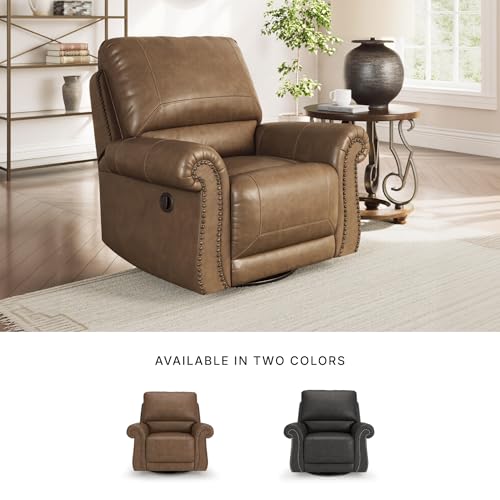 Image of Signature Design by Ashley Chatterton Swivel Glider Recliner, Earth Brown Faux Leather Traditional Rocking Chair with Nailhead Trim for Living Room and Nursery, 42 inch W, No Assembly Required
