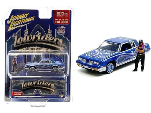 1984 Cutlass Lowrider Blue Metallic with Graphics and Blue Interior and Diecast Figure Limited Edition to 3600 Pieces Worldwide 1/64 Diecast Model Car by Johnny Lightning JLCP7461