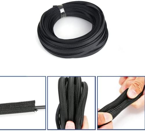 33ft 10mm PET Expandable Braided Cable Sleeve High Densely Wire Sleeving Black Braided Wire Sleeve Management for Home and Office Device Cords