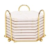 Posavasos con juego de soporte de metal. El juego incluye 8 posavasos de mármol de cerámica de 11 cm y un soporte para posavasos de metal dorado.
