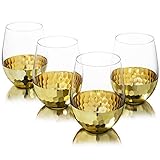 MyGift Modern Stemless Wine Glasses with Hammered Brass Metal Bottoms, Set of 4